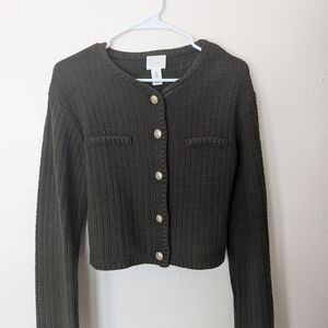 H&M Olive Green Cropped Button-Up Knit Cardigan